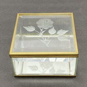VTG Beveled Glass Trinket Jewelry Box Gold Tone Trim Square Etched‎ Floral Rose